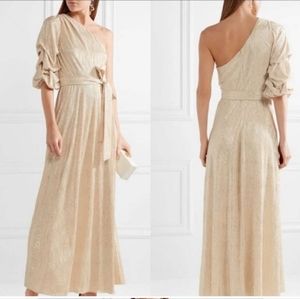 NWT Alice + Olivia Jeanie One Shoulder Tack Sleeve Dress Cream/Gold Size…